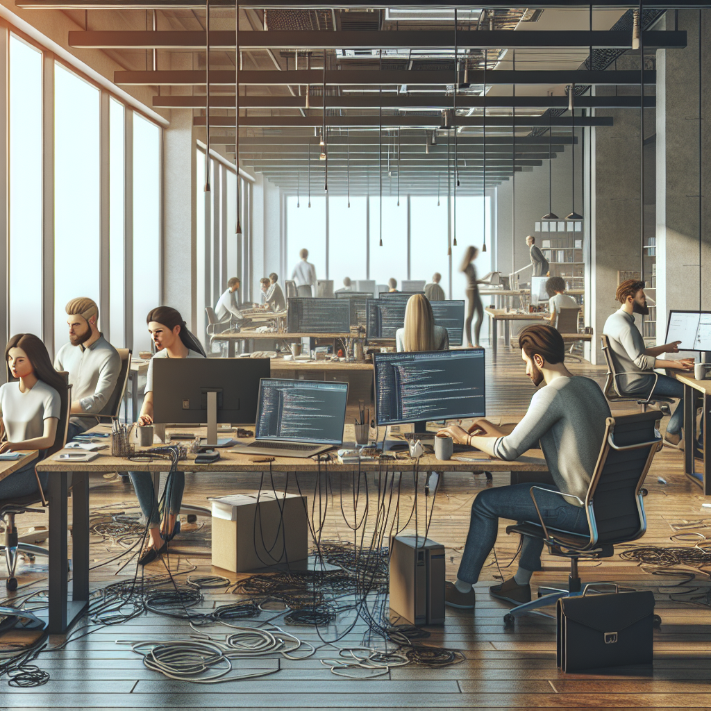 A modern office with employees collaborating on developing web applications