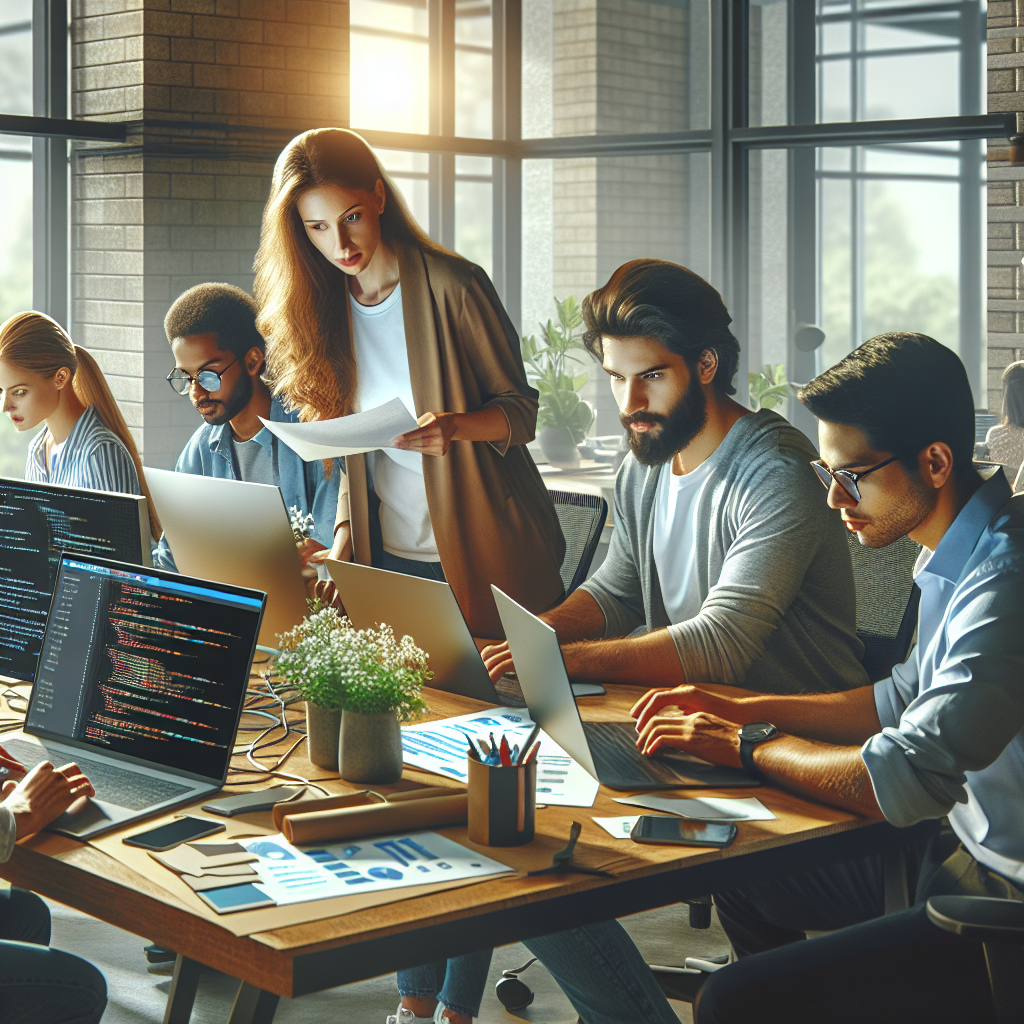 A small business team collaborating on a web application project in a modern office setting