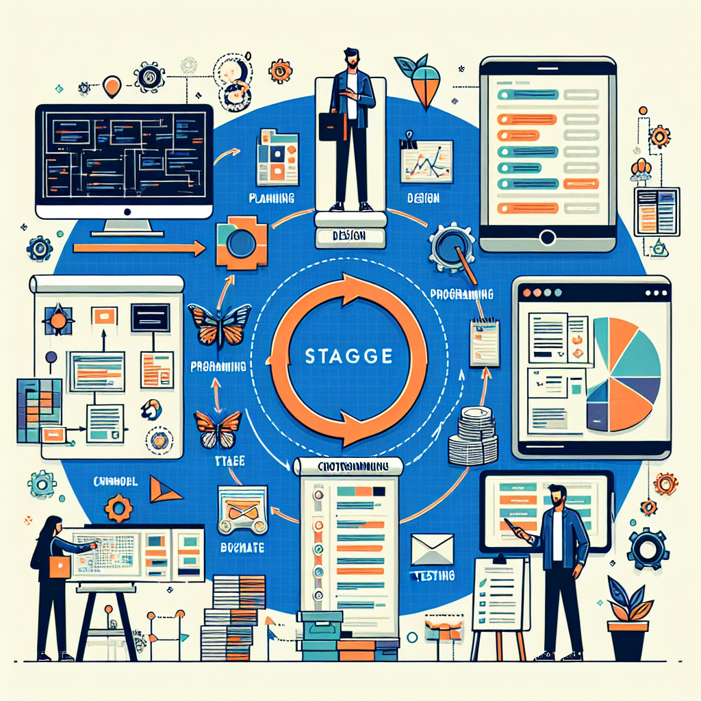 A creative illustration showing the different stages of web application development process including planning, design, programming, and testing