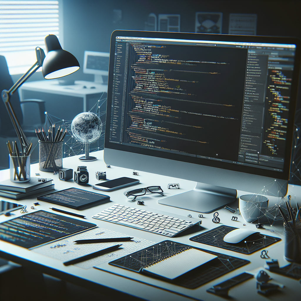 A modern office workspace with a computer displaying code for a web application, surrounded by tools and notes for optimization and security