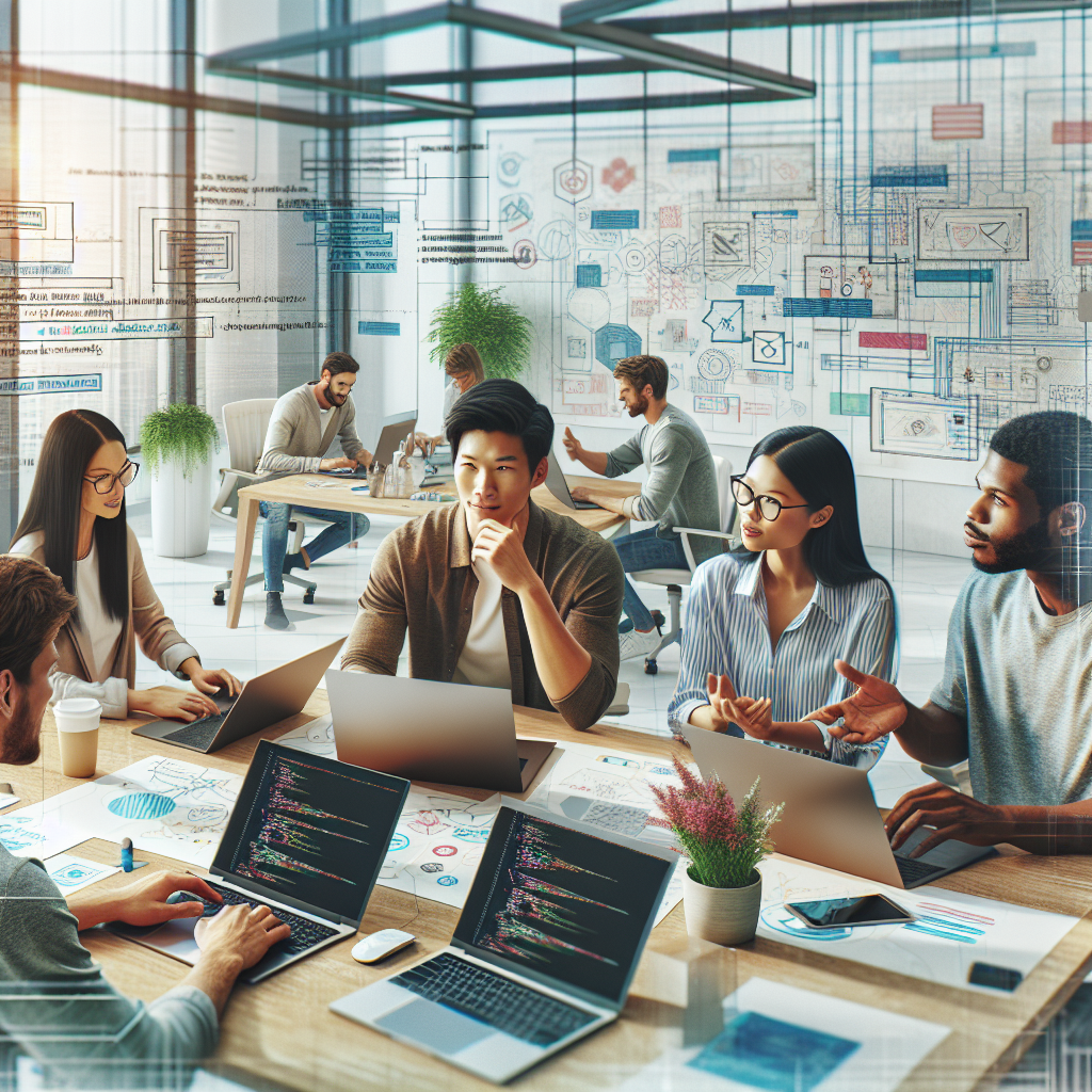 A vibrant and modern workspace with a team brainstorming ideas for web applications on whiteboards and laptops