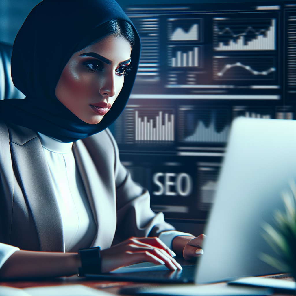 A professional consultant working on a laptop with graphs and SEO analytics on the screen