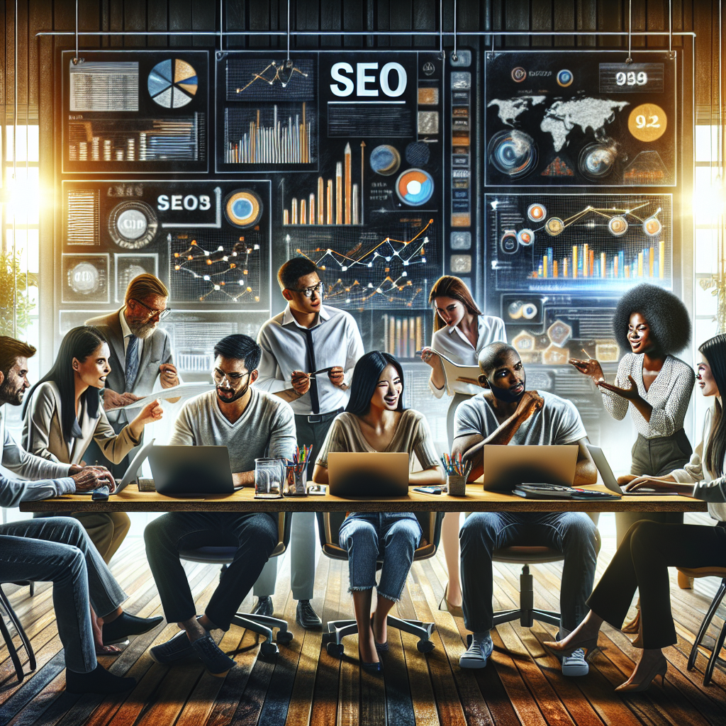 A vibrant office scene showing a diverse group of people brainstorming over SEO strategies with charts and graphs on the wall.
