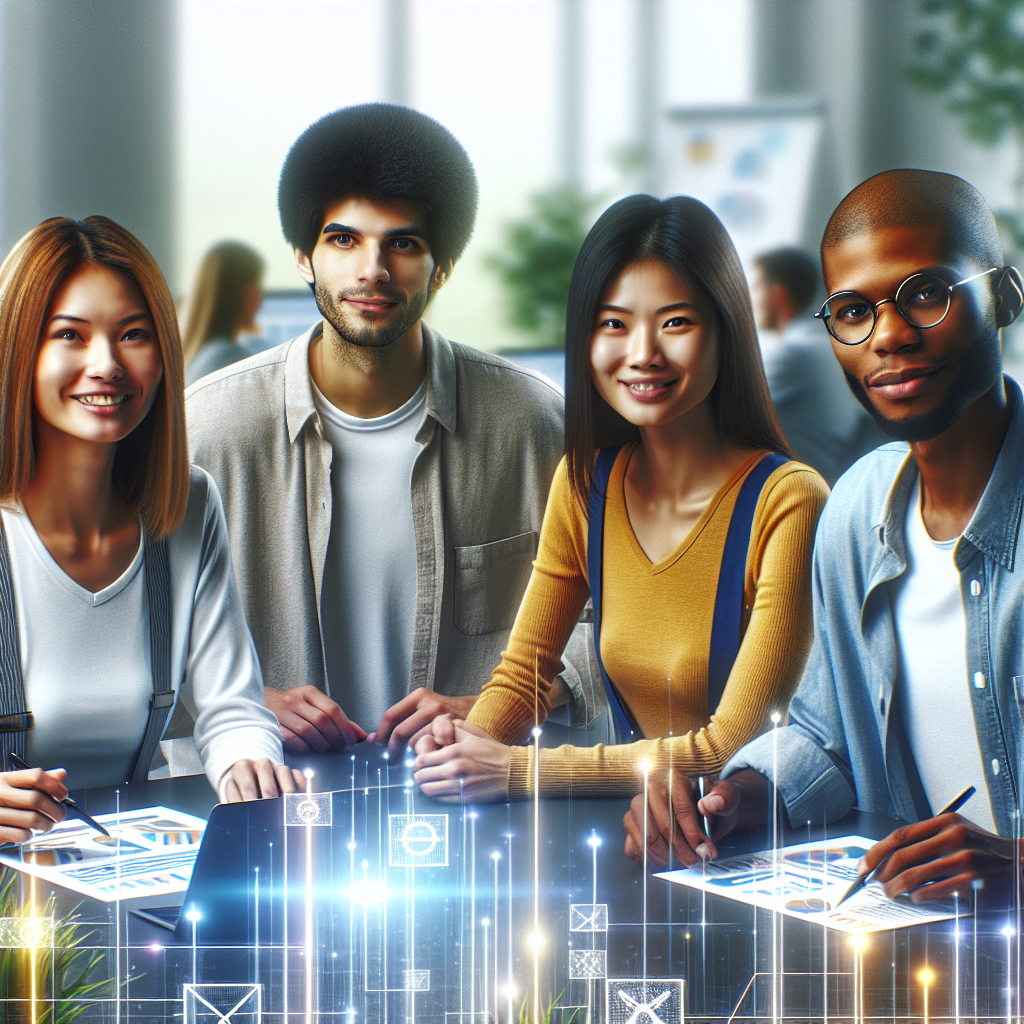 Un grupo diverso de expertos trabajando juntos en una estrategia SEO para un negocio local en una oficina moderna
