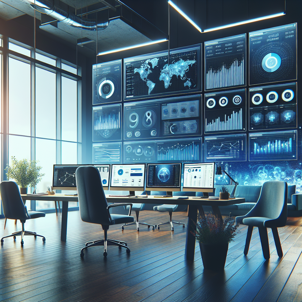 A modern digital marketing workspace with multiple screens displaying analytics and SEO tools