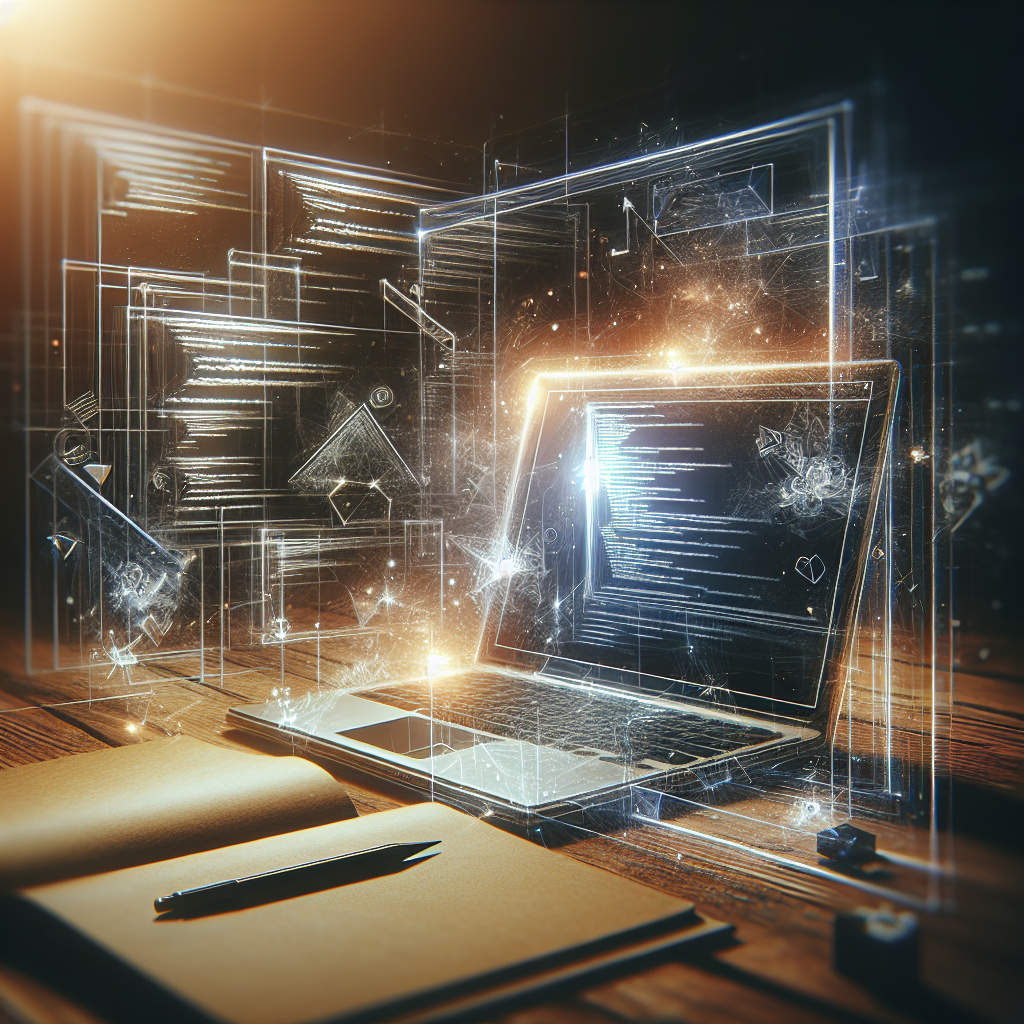A creative workspace with a laptop displaying code and design sketches for a website project