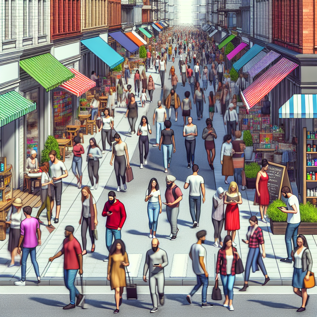A vibrant street scene showing small local businesses with people walking by and using their phones to search for services