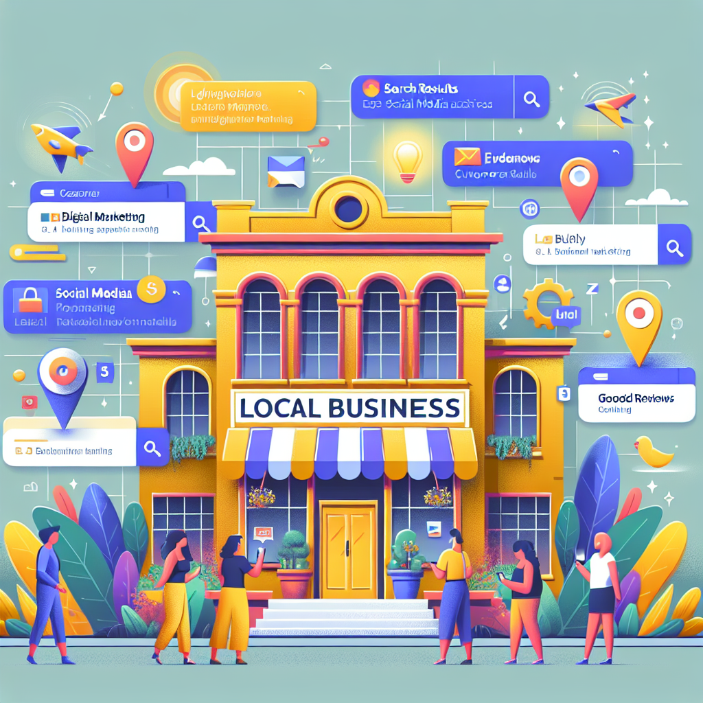A vibrant illustration of a local business thriving with digital marketing strategies in action, featuring elements like Google Maps and search results