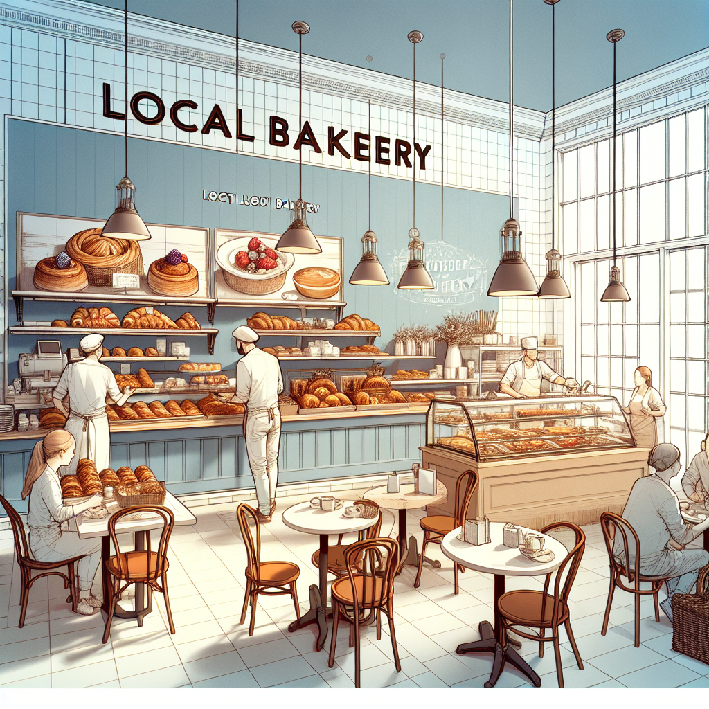 A vibrant local bakery with customers enjoying pastries and coffee in a cozy setting
