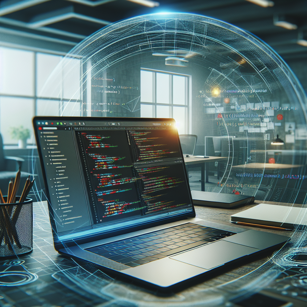 A digital workspace with a laptop showing code and design elements on the screen