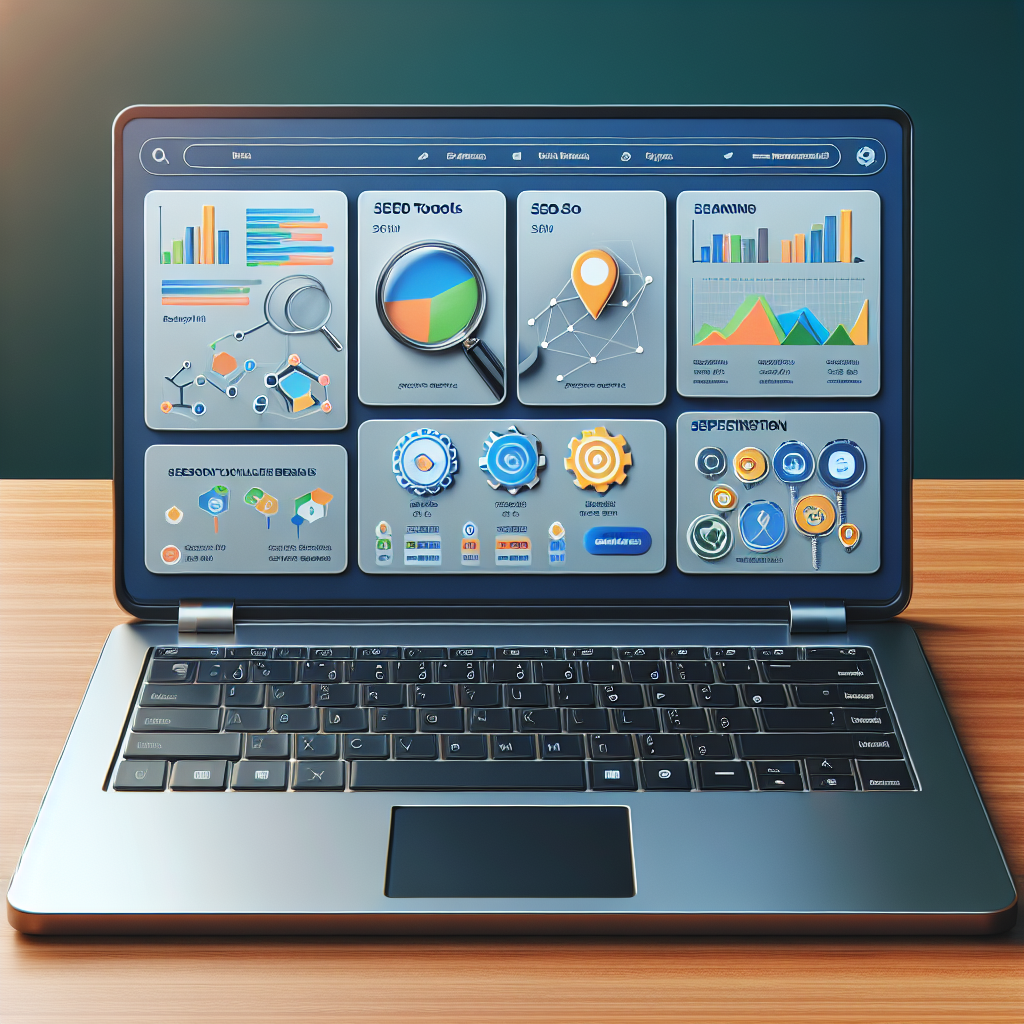 A screenshot of various SEO tools for local businesses displayed on a laptop screen with graphs and charts