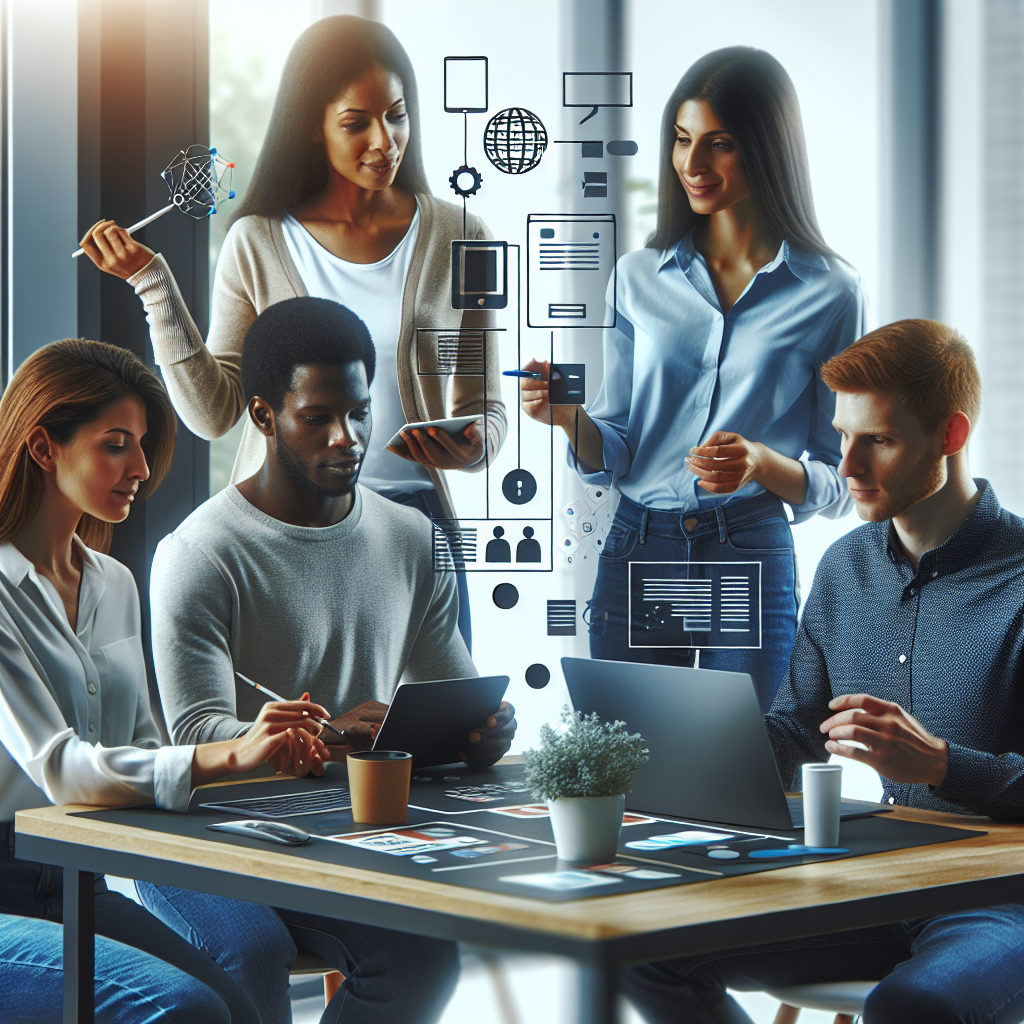 Un equipo de diseñadores trabajando juntos en una oficina moderna, creando soluciones web personalizadas para empresas