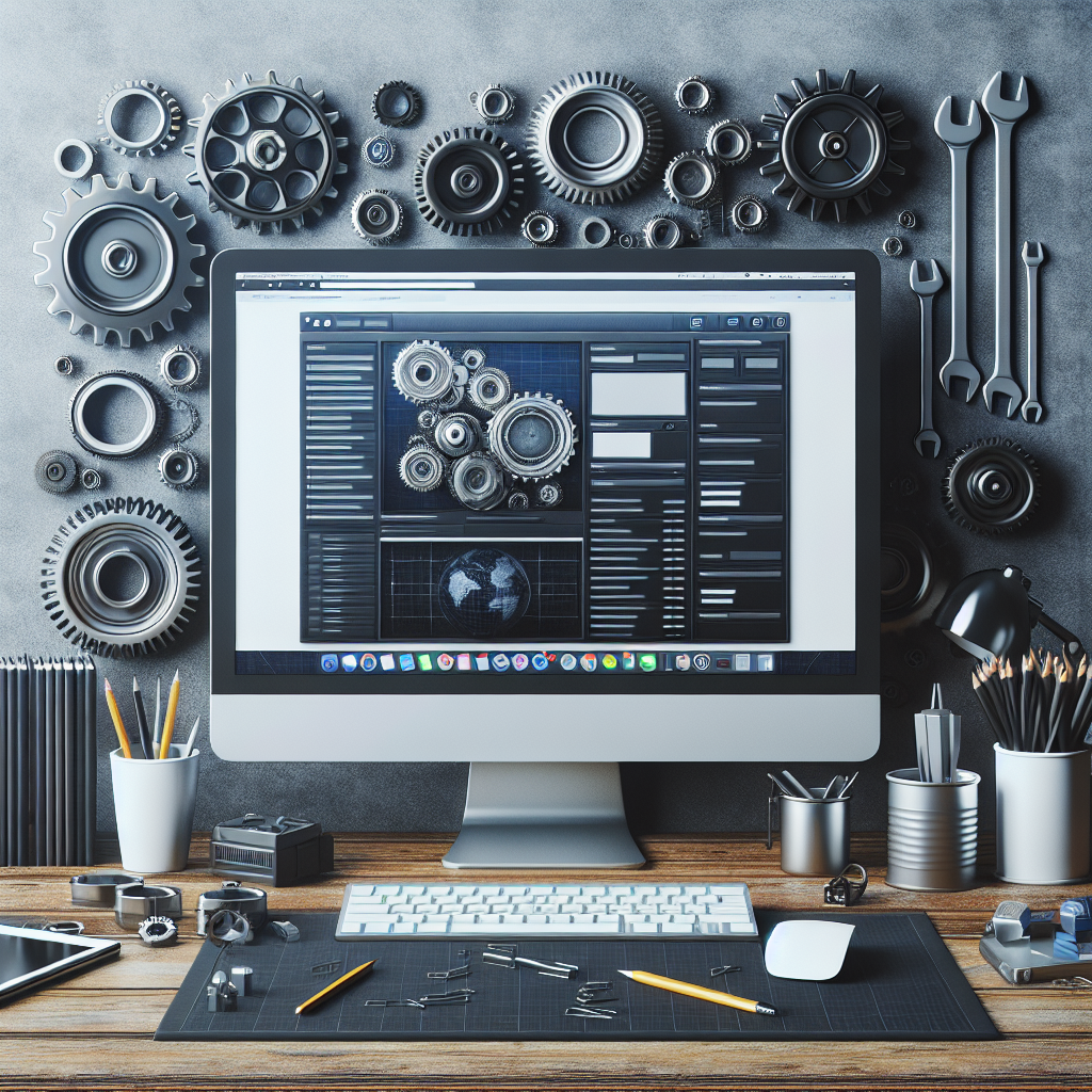 A modern office with a computer displaying a well-maintained website on the screen and tools like gears and wrenches around it