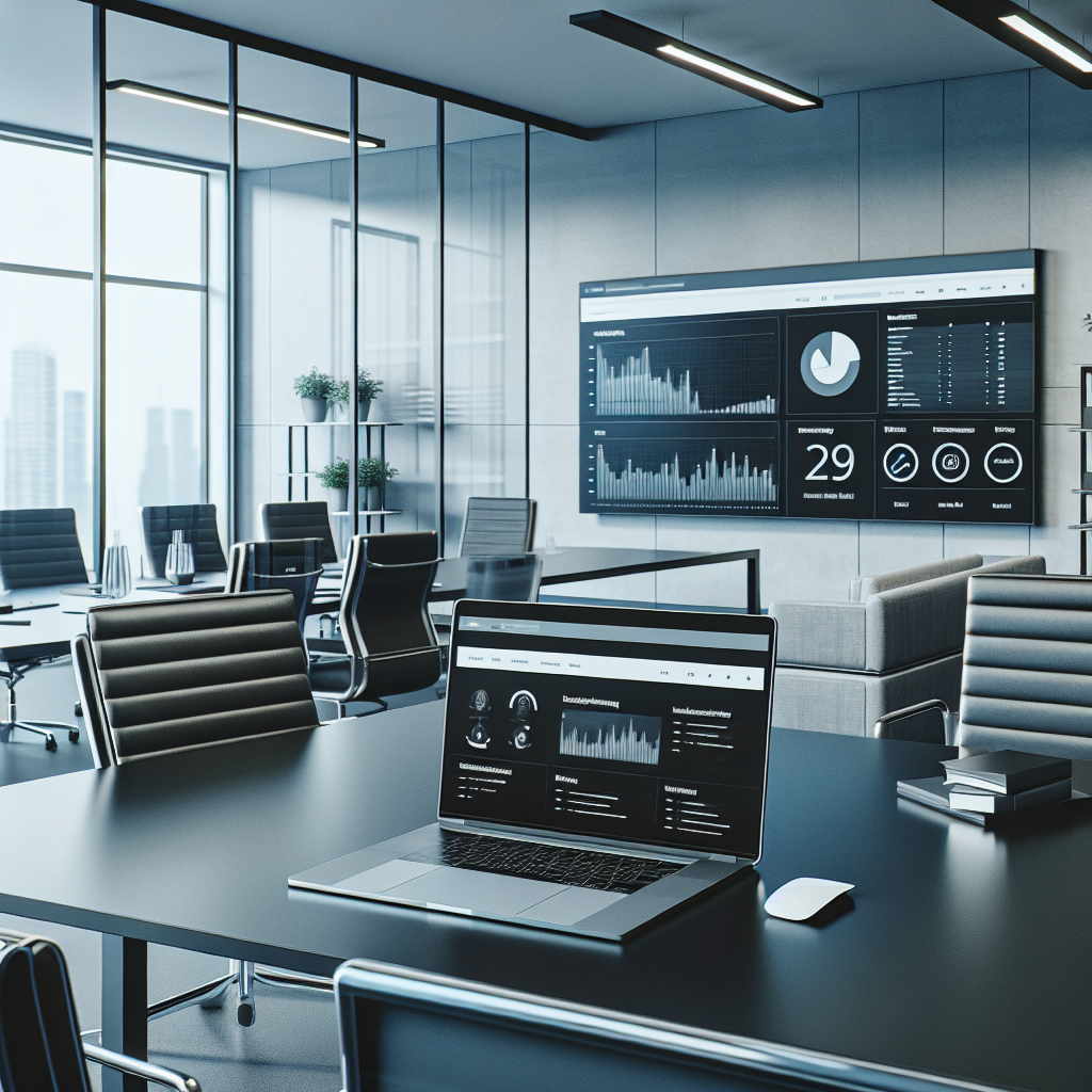 A modern office workspace with a laptop displaying website analytics and maintenance tools