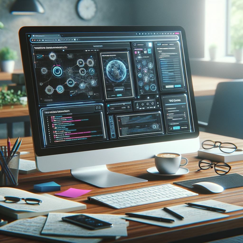 A modern digital workspace showing a computer screen with website maintenance tools open, surrounded by notes and coffee