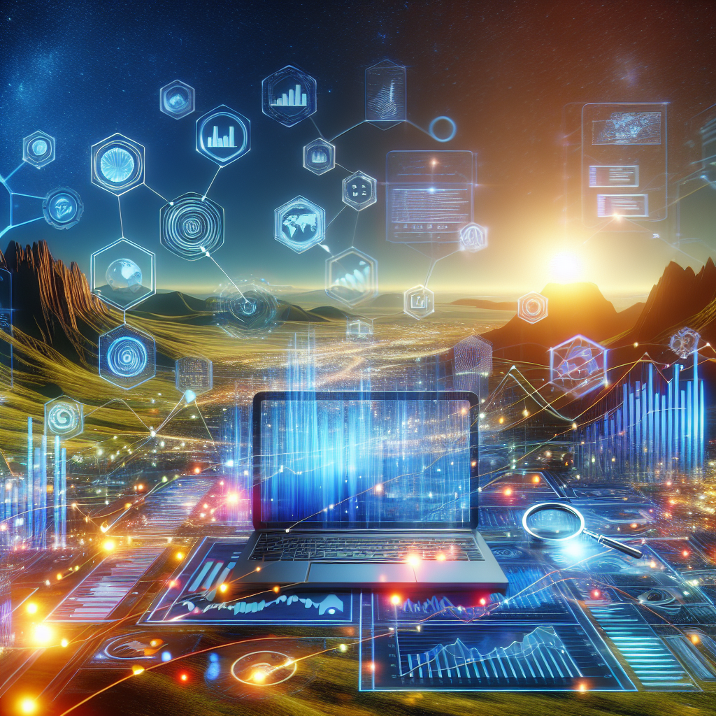 A vibrant digital marketing landscape showcasing SEO and SEM strategies in action, with charts and graphs illustrating growth and visibility