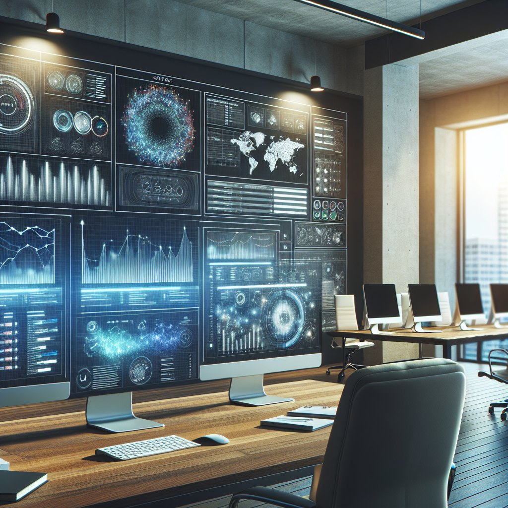 A modern workspace with screens displaying web development tools and analytics data