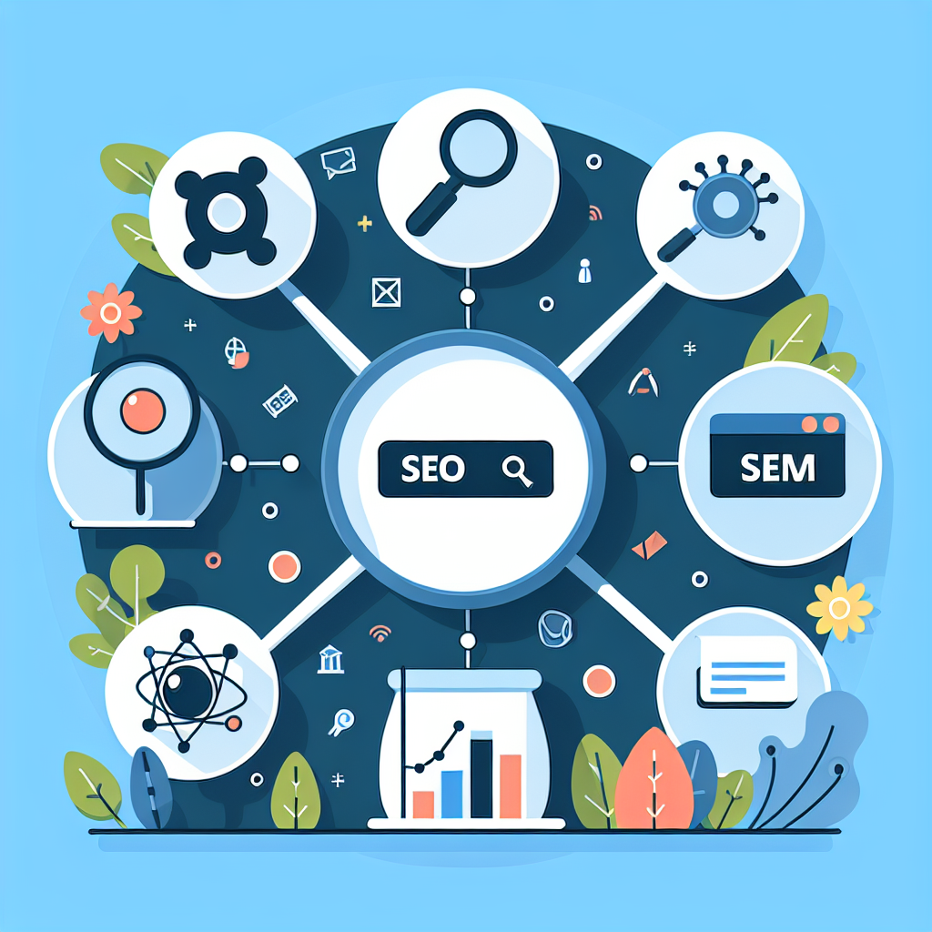Visual comparison of SEO and SEM strategies with icons representing organic search and paid ads