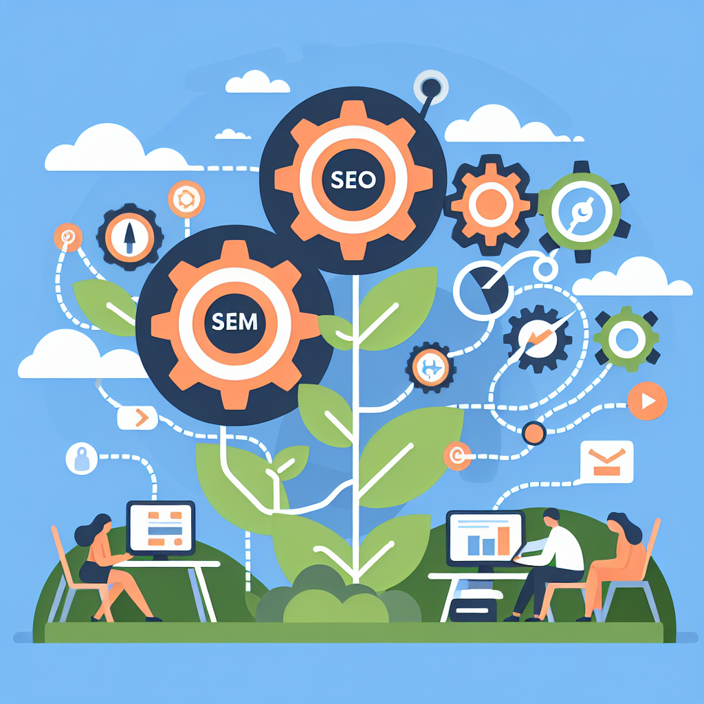 A creative illustration showing the synergy between SEO and SEM strategies in digital marketing