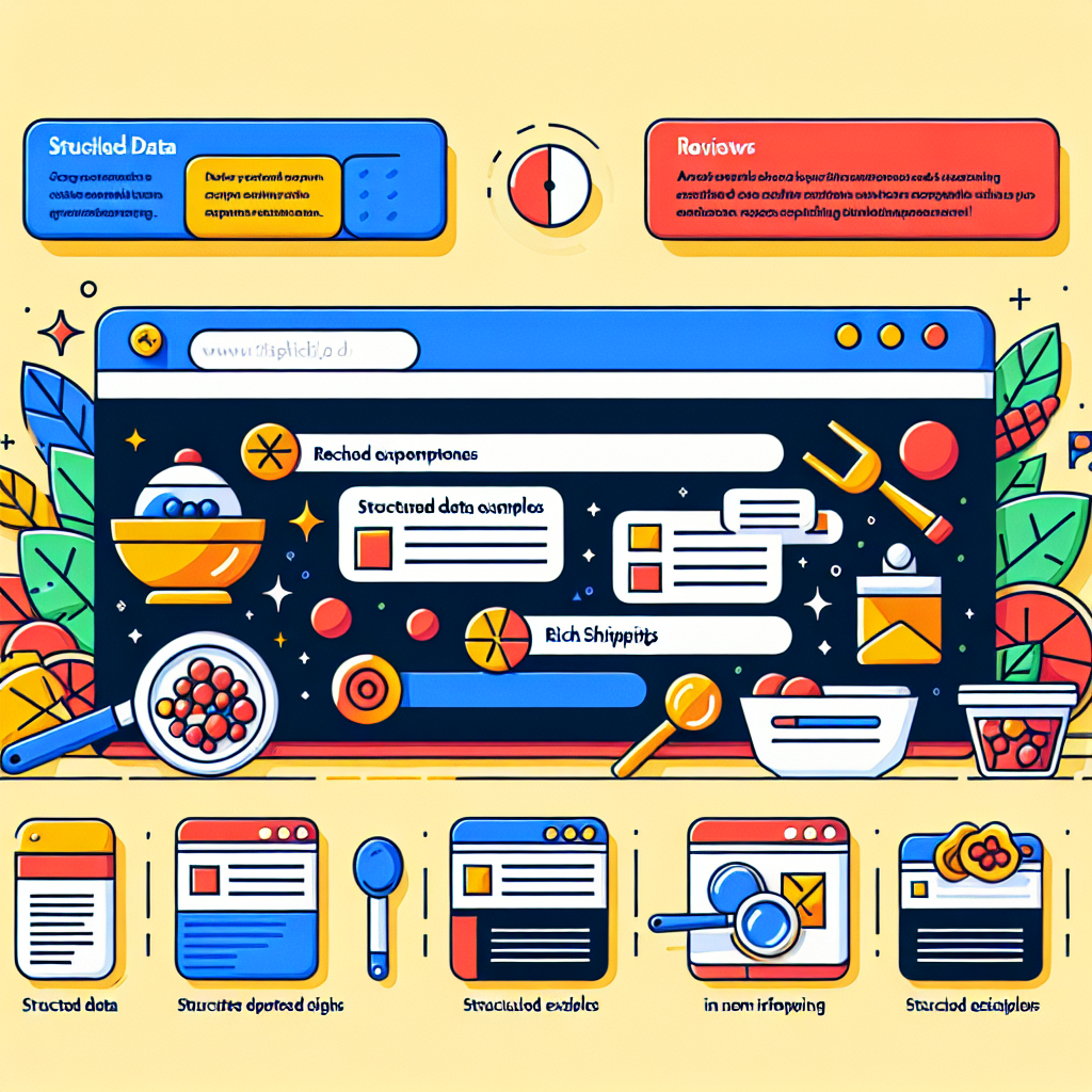 A visual representation of rich snippets in search results with examples of structured data like recipes and reviews