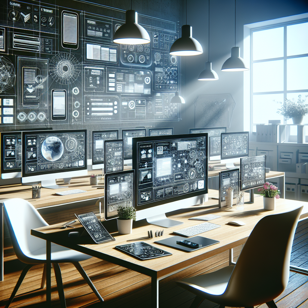 A modern workspace with multiple screens displaying interactive web design elements and user experience prototypes