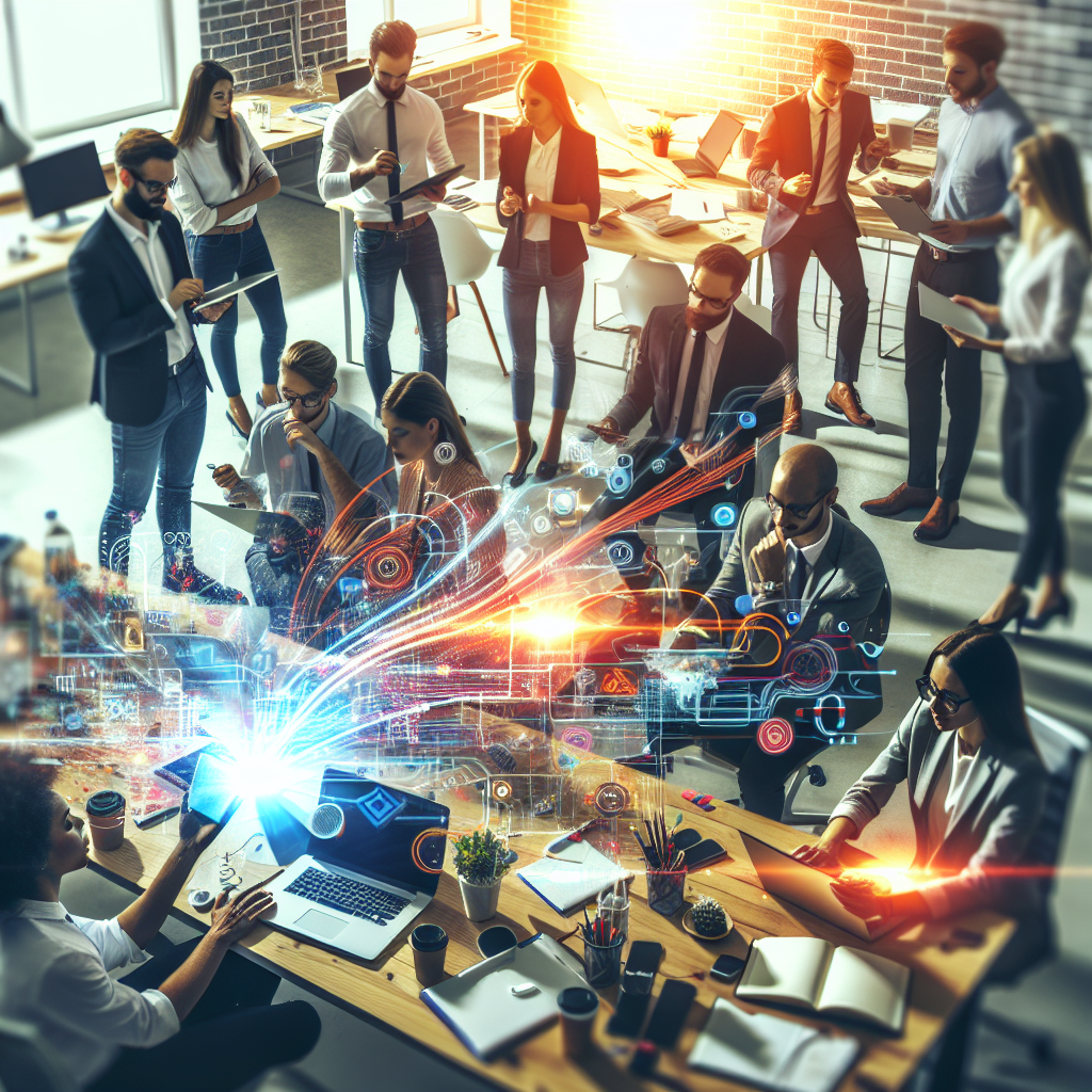 A vibrant office setting with small business entrepreneurs collaborating over digital tools and technology