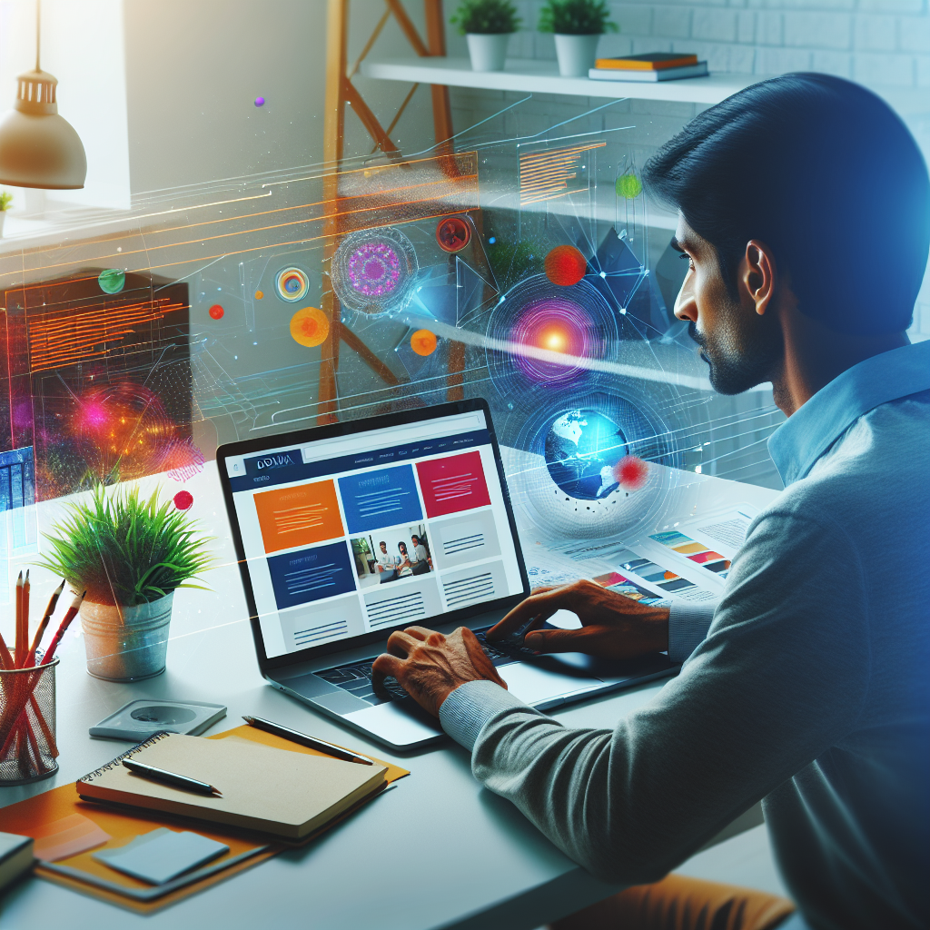 A vibrant and modern workspace showcasing a designer at work on a laptop with colorful website designs on the screen
