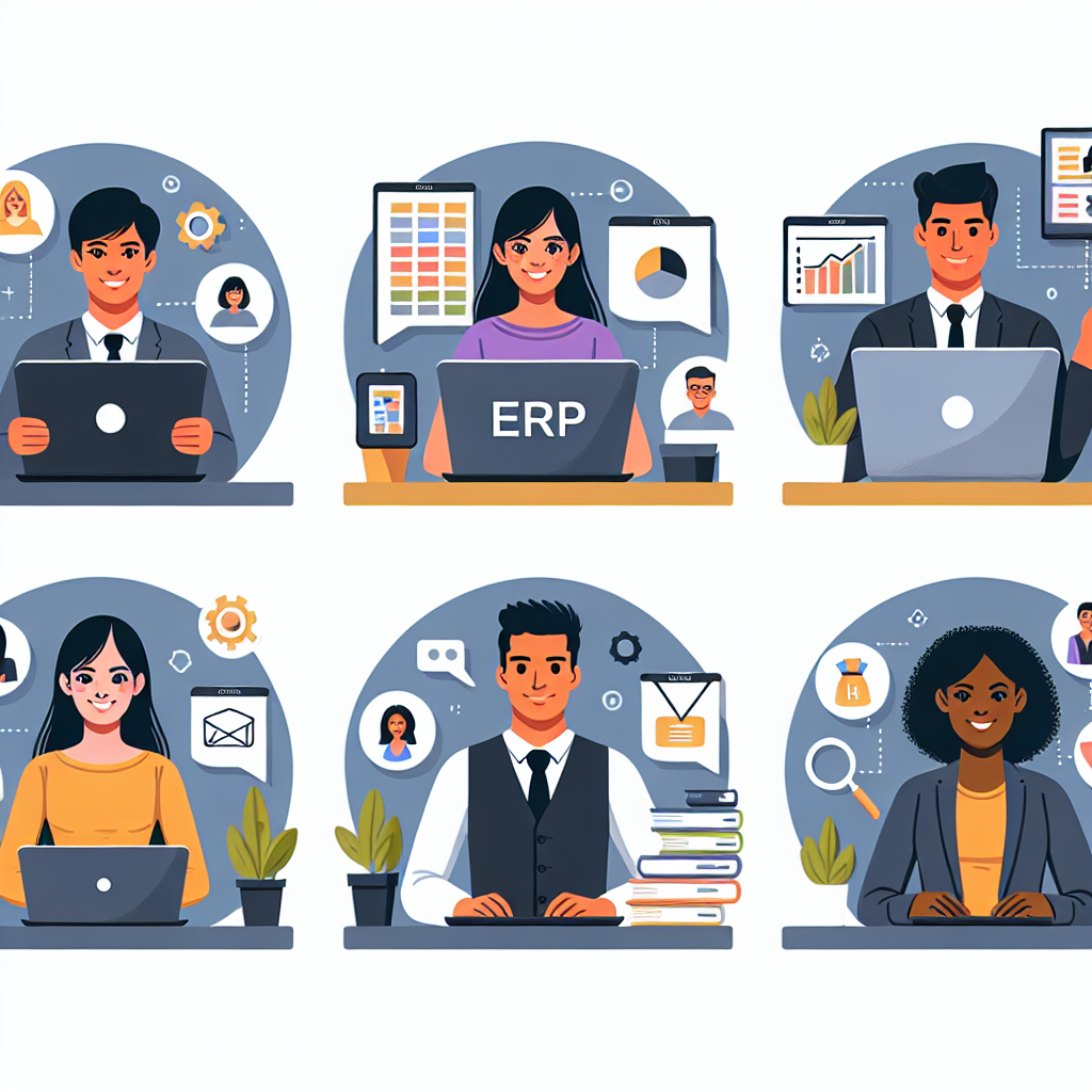 A vibrant illustration showing various digital solutions for small and medium enterprises like ERP systems, digital marketing tools, e-commerce platforms and HR management software in an office setting