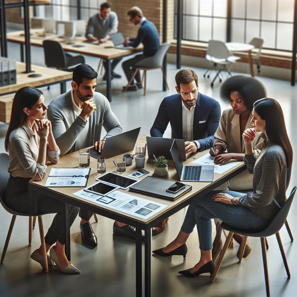 A small business team brainstorming digital transformation strategies in an office setting