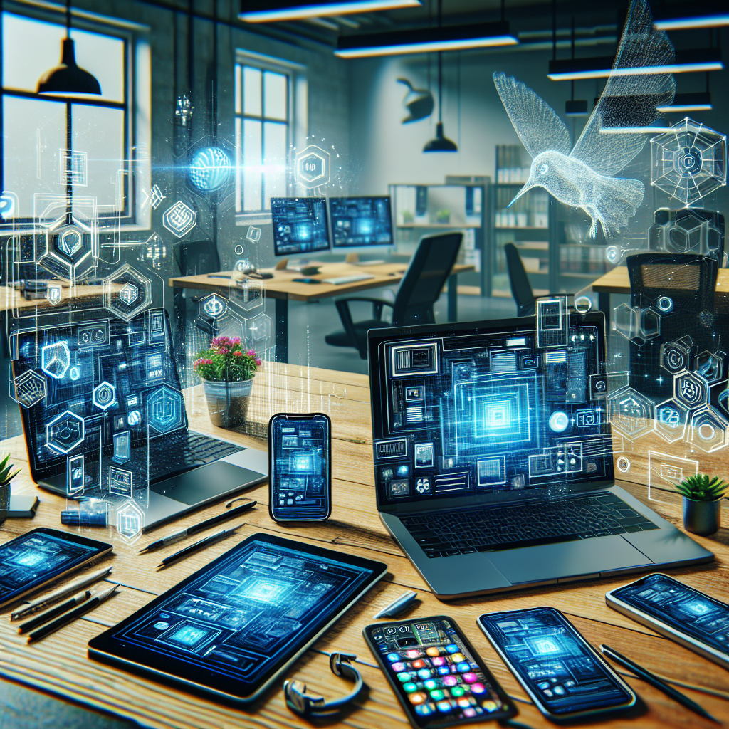 A modern workspace with multiple devices showing responsive web design examples