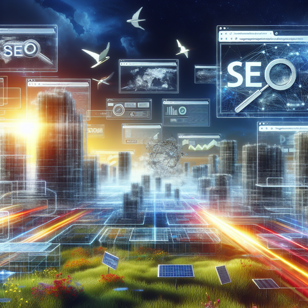A vibrant digital landscape with websites competing for visibility, showcasing SEO elements like keywords and analytics