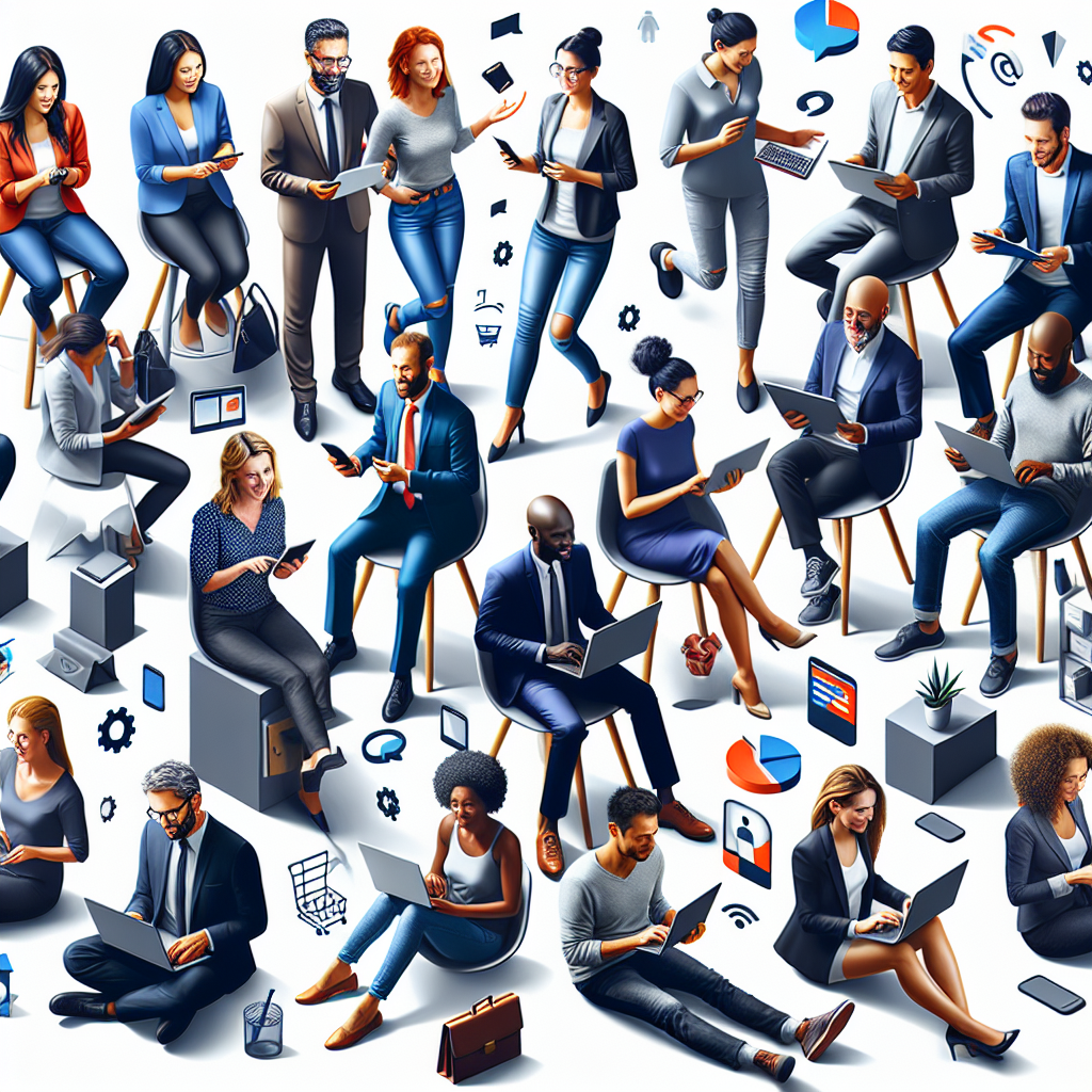 A vibrant small business setting with entrepreneurs working on digital tools and e-commerce platforms