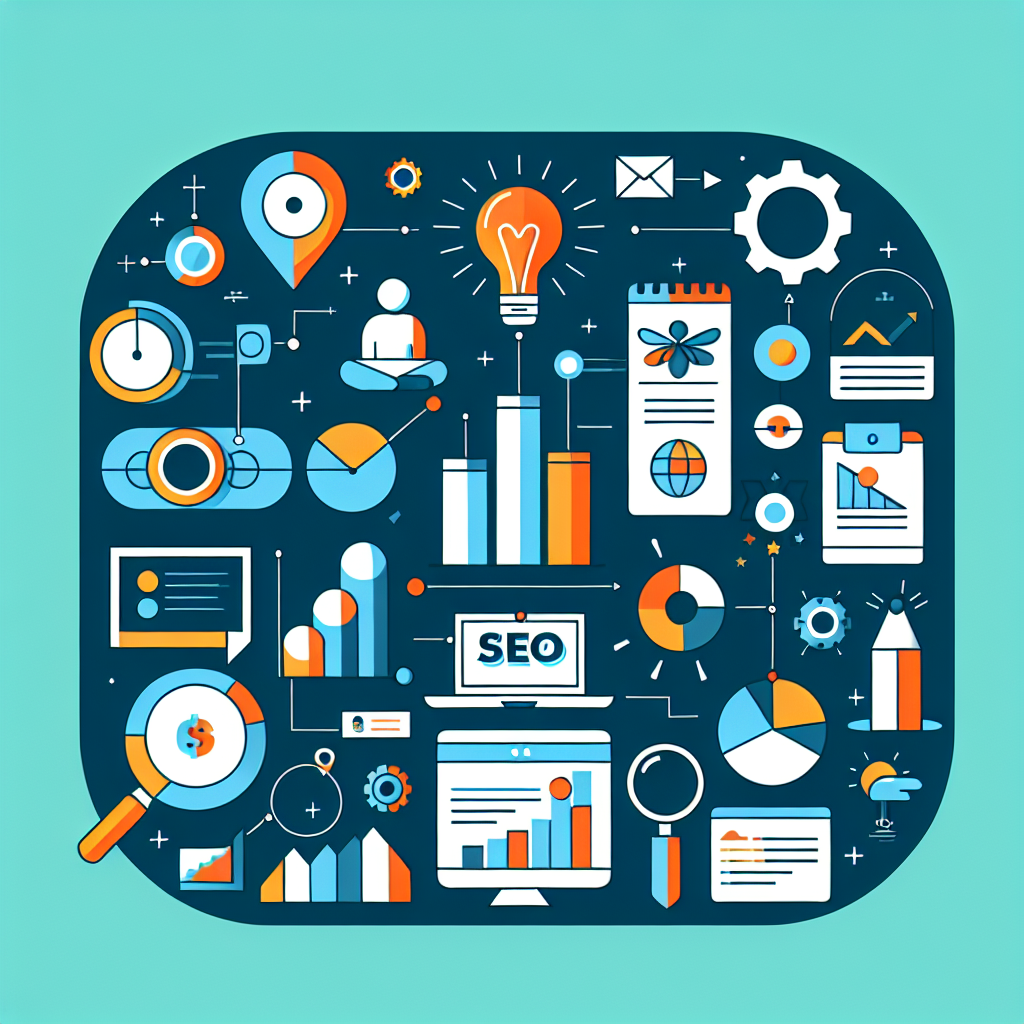 A dynamic infographic showing the importance of SEO optimization with statistics and icons representing traffic growth and visibility