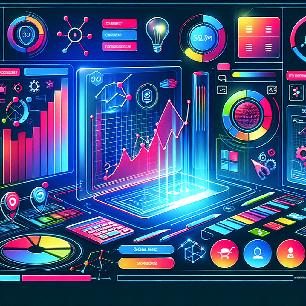 A futuristic website design concept featuring e-commerce elements, social media integration, and analytics dashboard, vibrant colors and modern aesthetics