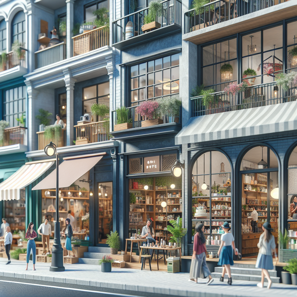 A vibrant street scene with small businesses showcasing their storefronts, highlighting the importance of local visibility and community engagement in digital marketing