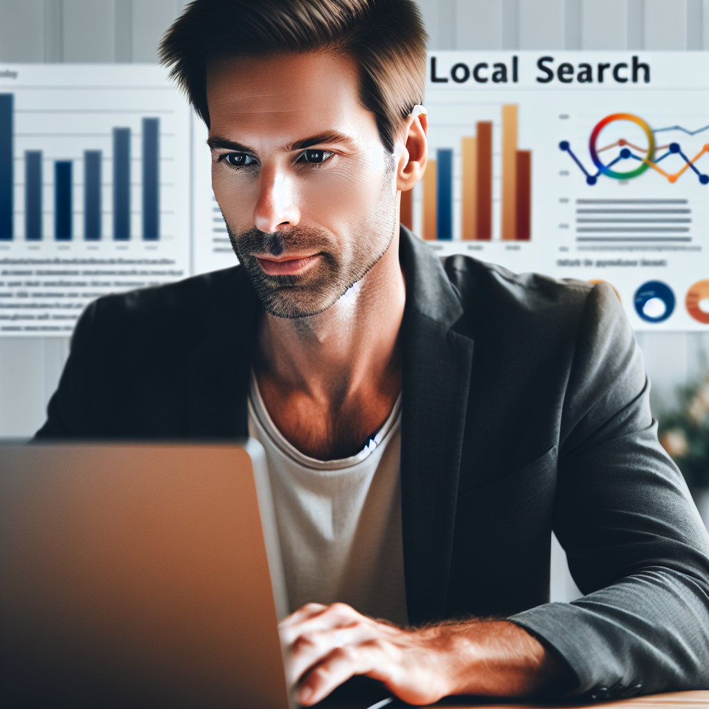A friendly SEO expert working on a laptop with charts and graphs showing local search statistics in the background