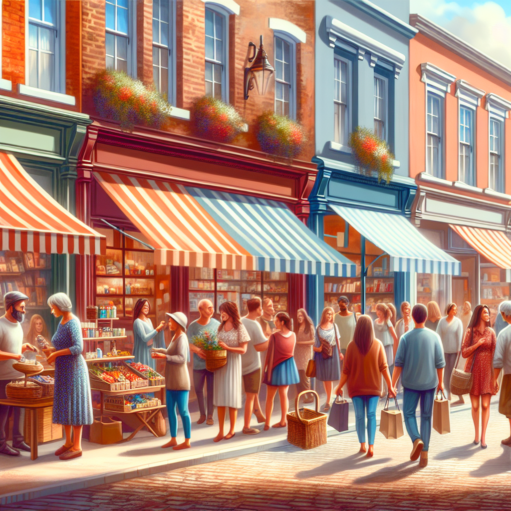 A vibrant street scene showcasing small local businesses with people interacting and enjoying their shopping experience