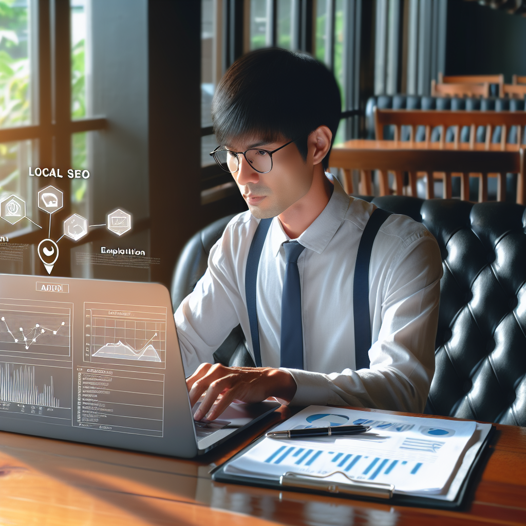 A digital marketing expert conducting a local SEO audit on a laptop with graphs and charts displayed