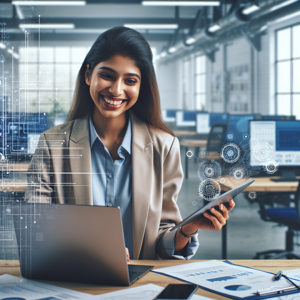 A small business owner happily using digital tools in an office setting with modern technology around