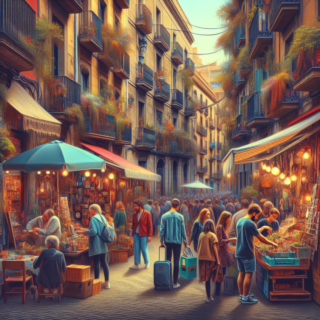 A bustling street in Barcelona with small businesses and customers interacting, showcasing local commerce