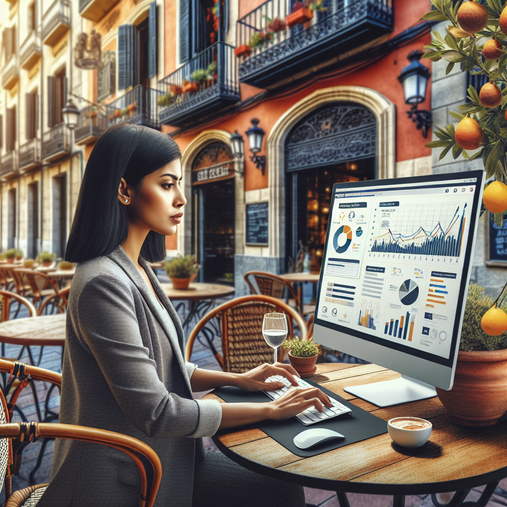 A digital marketing consultant analyzing local SEO strategies in a vibrant Barcelona setting