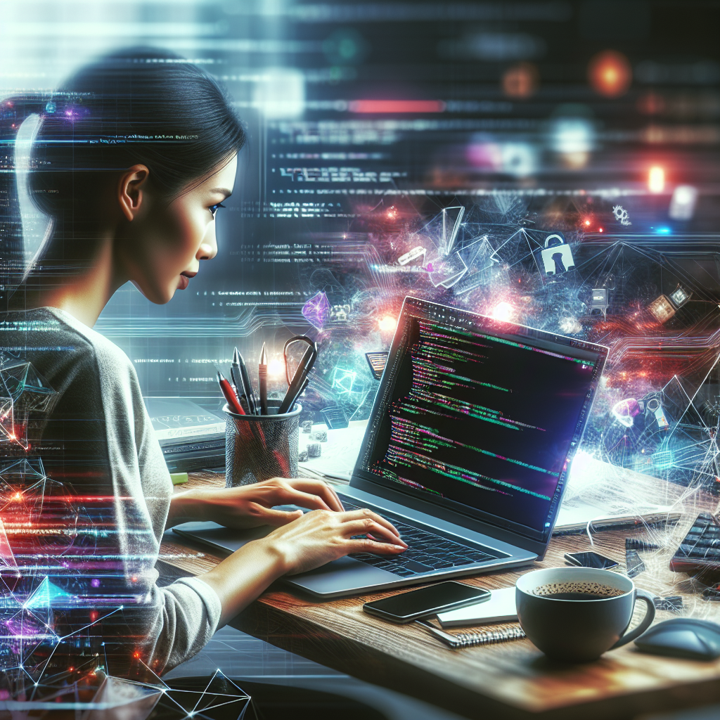 A modern full stack developer working on a laptop with code on the screen, surrounded by tech gadgets and coffee cups
