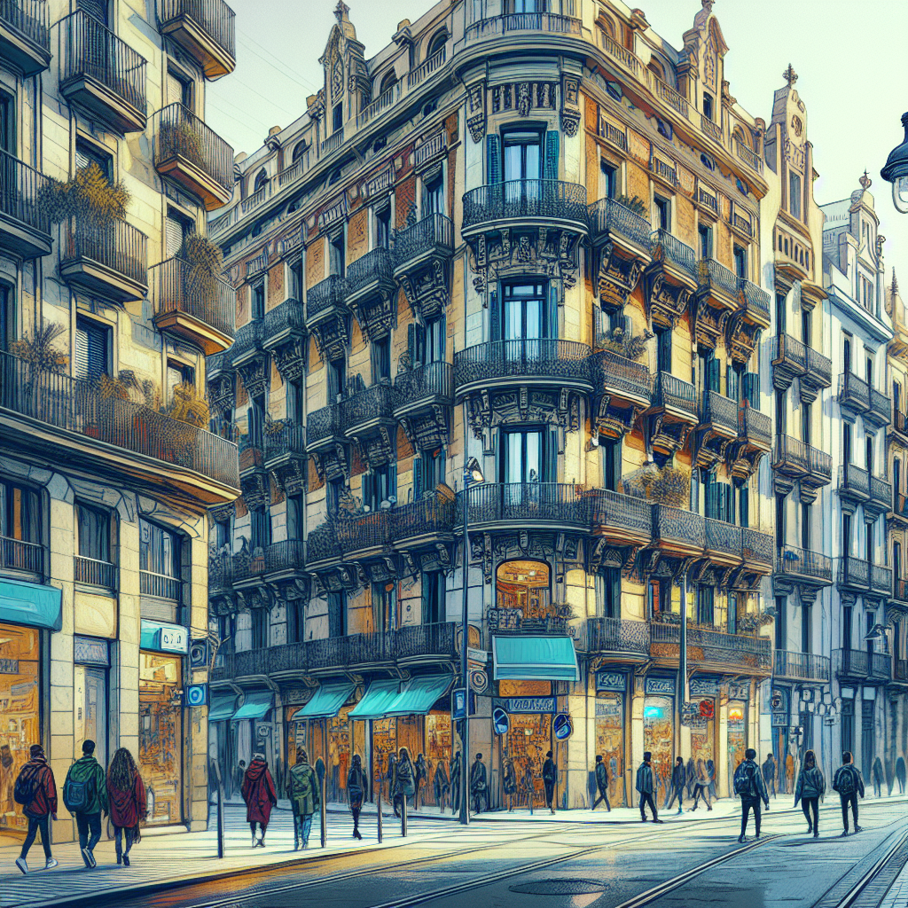 A vibrant street view of a local business in Barcelona with people walking by, showcasing the city's unique architecture and culture