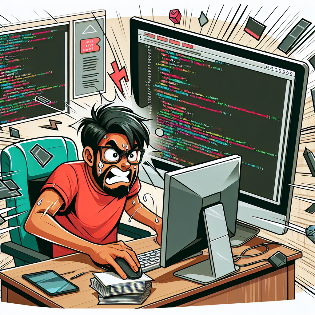 A cartoon-style illustration of a full stack developer working at their computer with both front-end and back-end code visible on the screen