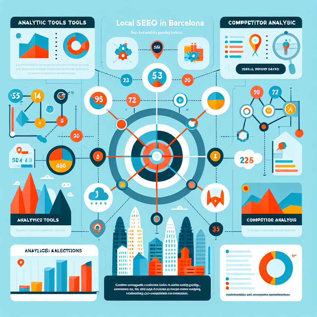 An infographic showing key metrics for local SEO in Barcelona, including analytics tools and competitor analysis