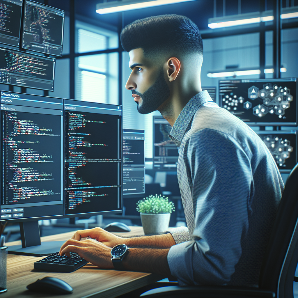 A modern developer working with databases and APIs in a stylish office environment