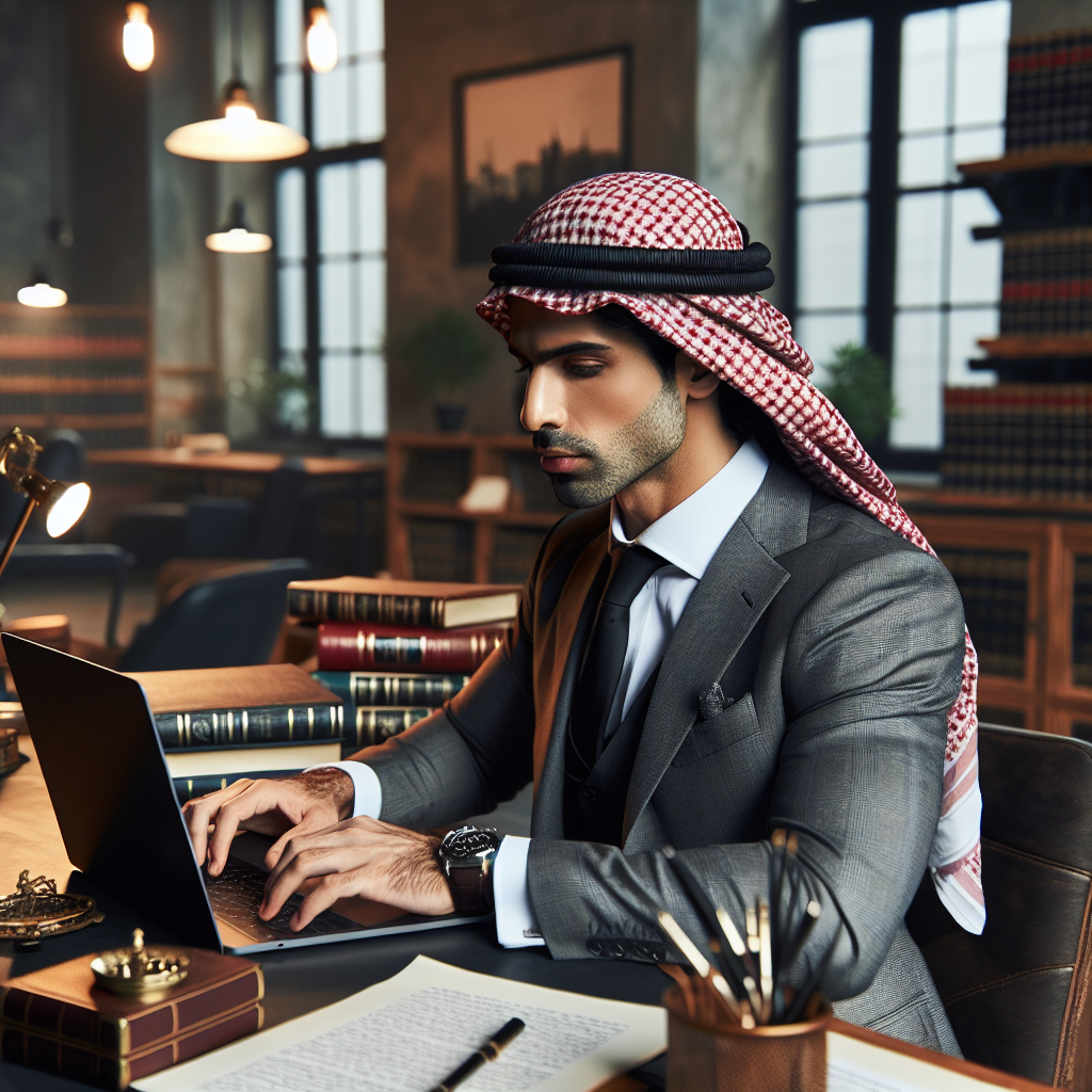 A lawyer working on a laptop in a modern office setting with legal books and documents around