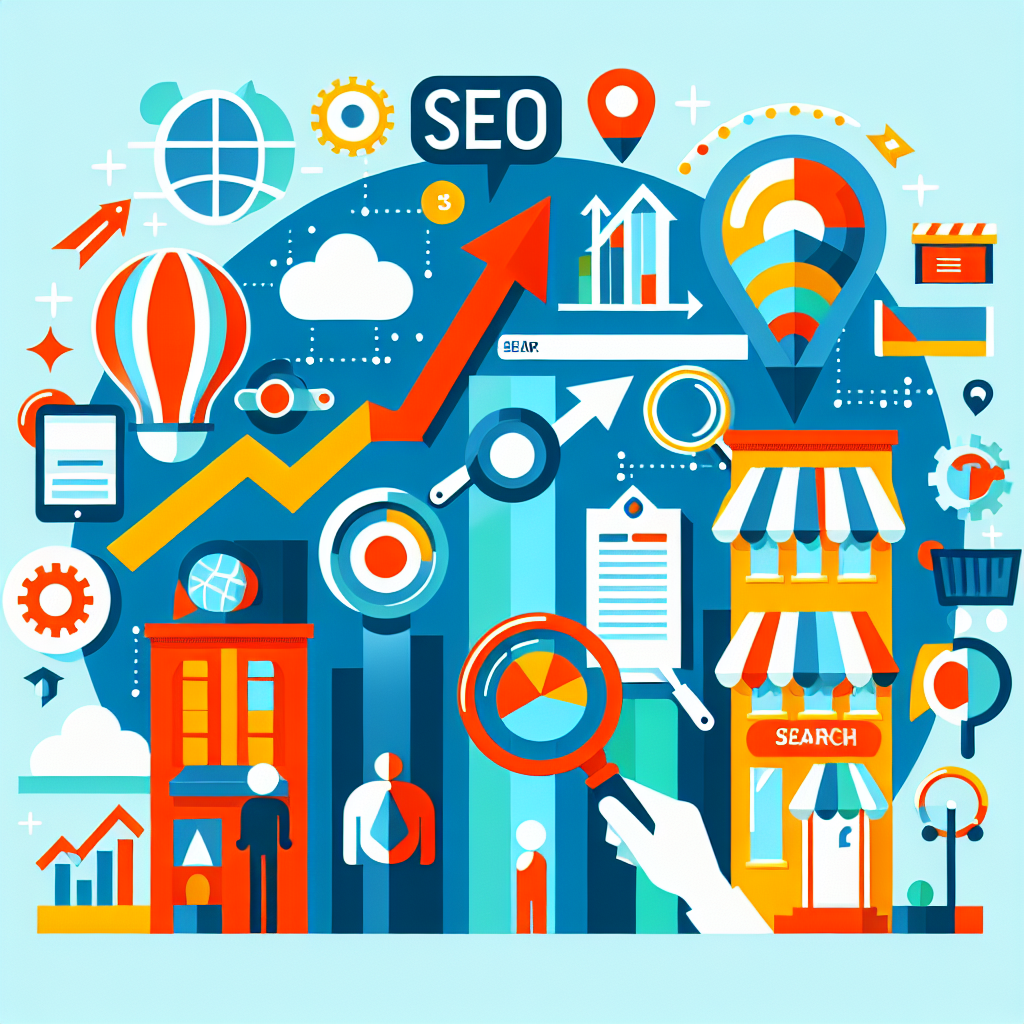 A dynamic and colorful infographic showing the impact of SEO on business visibility and traffic
