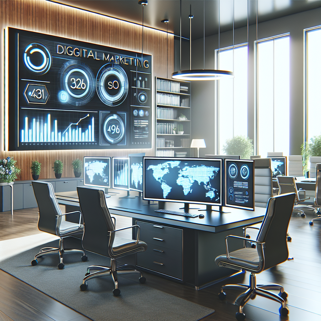 A modern law office with digital marketing elements like SEO charts and graphs on screens