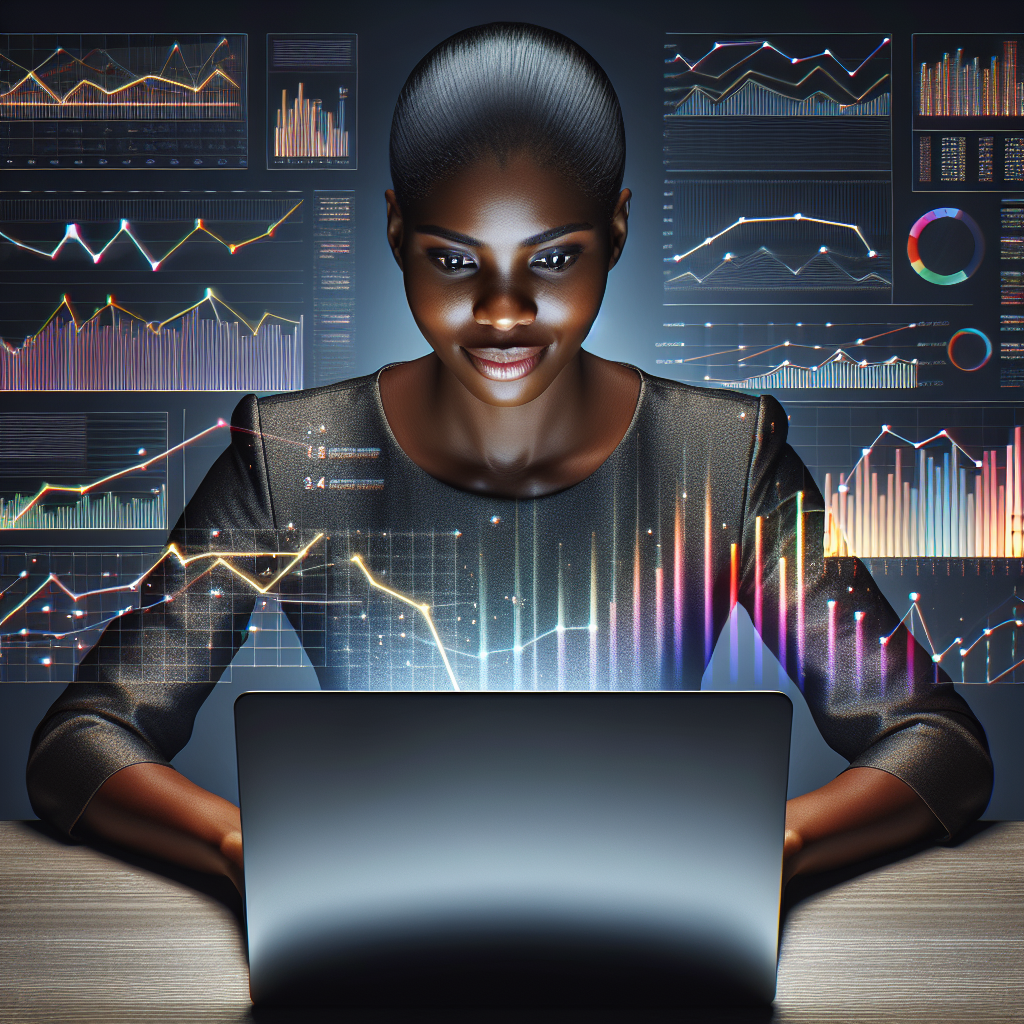 A small business owner looking at analytics on a laptop with graphs showing growth in traffic and visibility